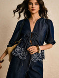 Amazon tiktok pinduoduo foreign trade cross-border fashion bohemia embroider strap denim tops