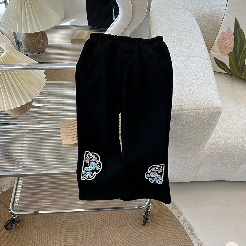 Girls' pants - spring  new collection: chinese style, slightly flared leg, stylish embroidery, available in sizes for toddlers to young girls
