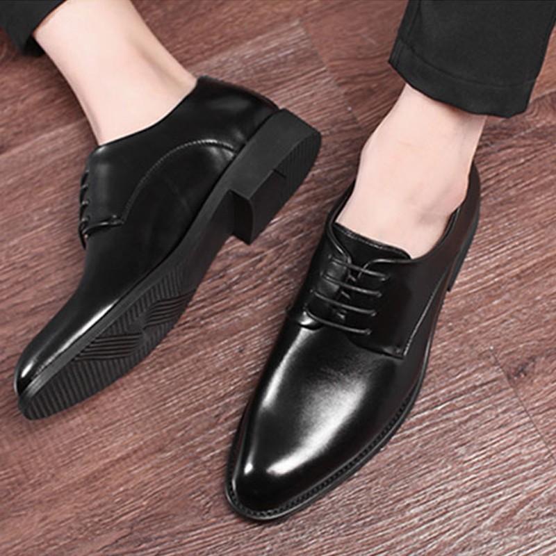 Black leather lace-up men's dress shoes - soft sole, business casual, round toe, leisure style, british & korean design, hidden heel