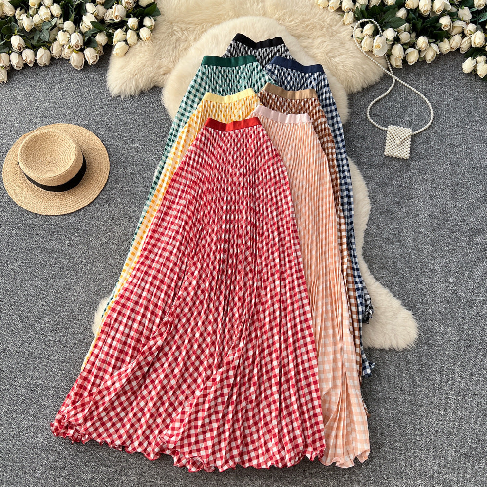 new arrivalgrids pattern patchwork a-line skirt women's high waistslimming lookelegantpleated long skirtwork clothinggrids skirt