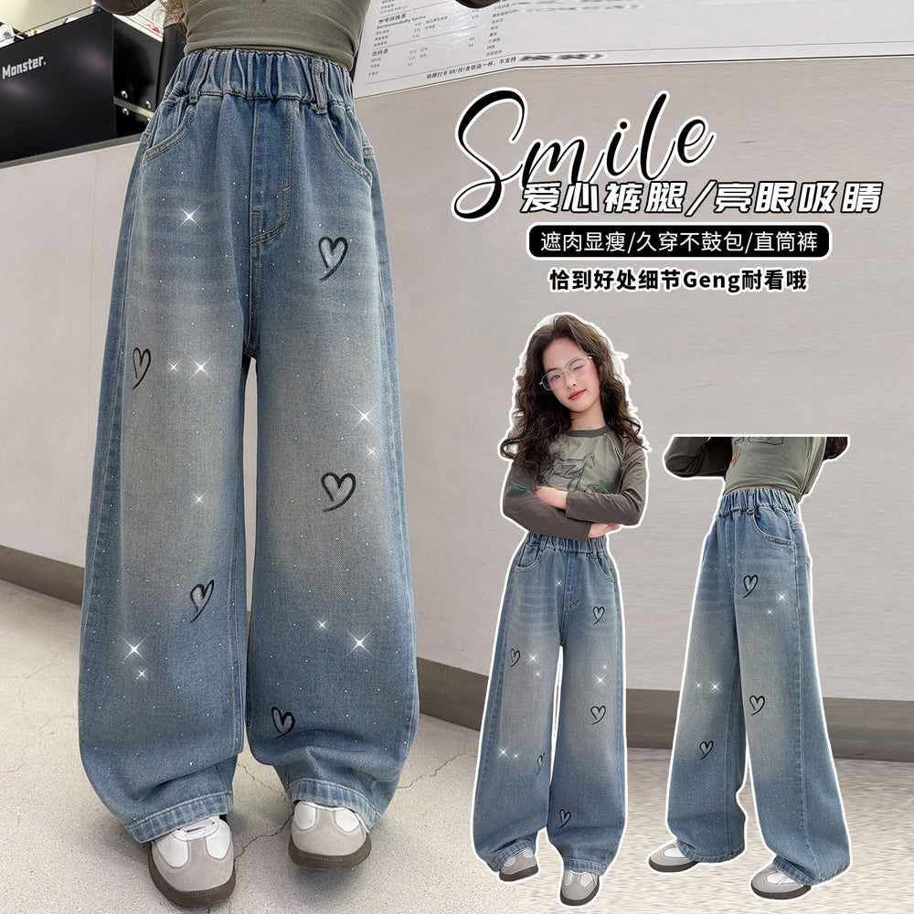 Girls' heart-shaped rhinestone embellished denim jeans,  spring collection, big & tall kids' loose fit straight leg high-waisted long pants, children's jeans