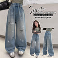 Girls' heart-shaped rhinestone embellished denim jeans,  spring collection, big & tall kids' loose fit straight leg high-waisted long pants, children's jeans