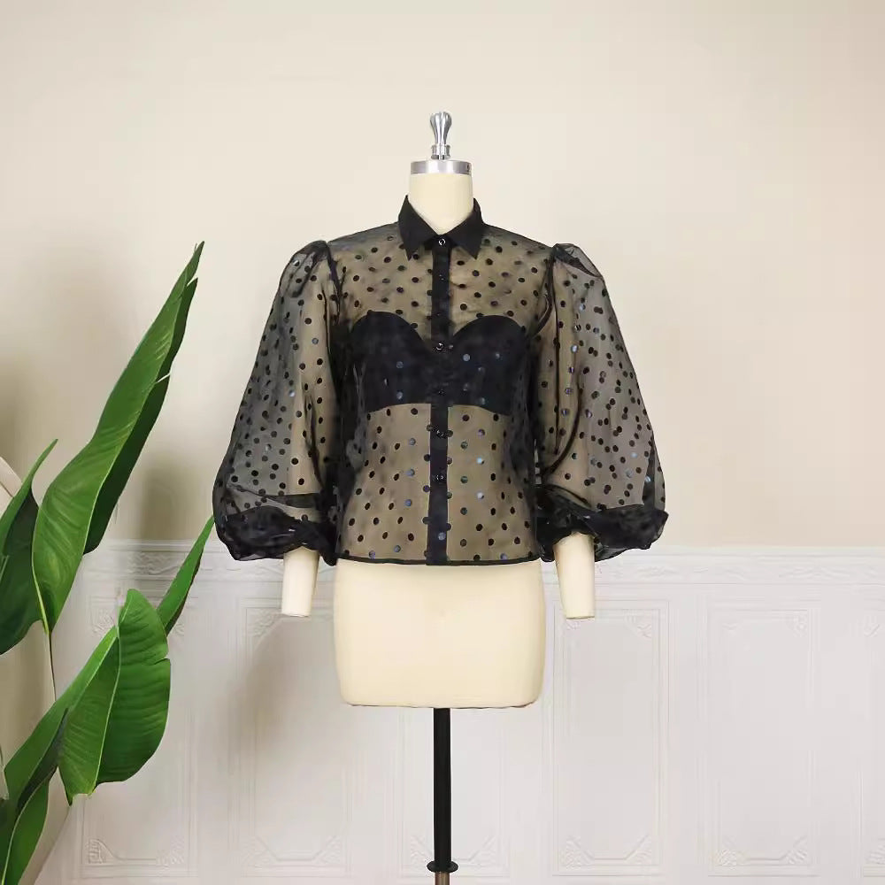 Summer new black v-neck organza polka dot puff sleeve long sleeve sexy see-through blouse versatile top women's clothing