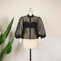 Summer new black v-neck organza polka dot puff sleeve long sleeve sexy see-through blouse versatile top women's clothing