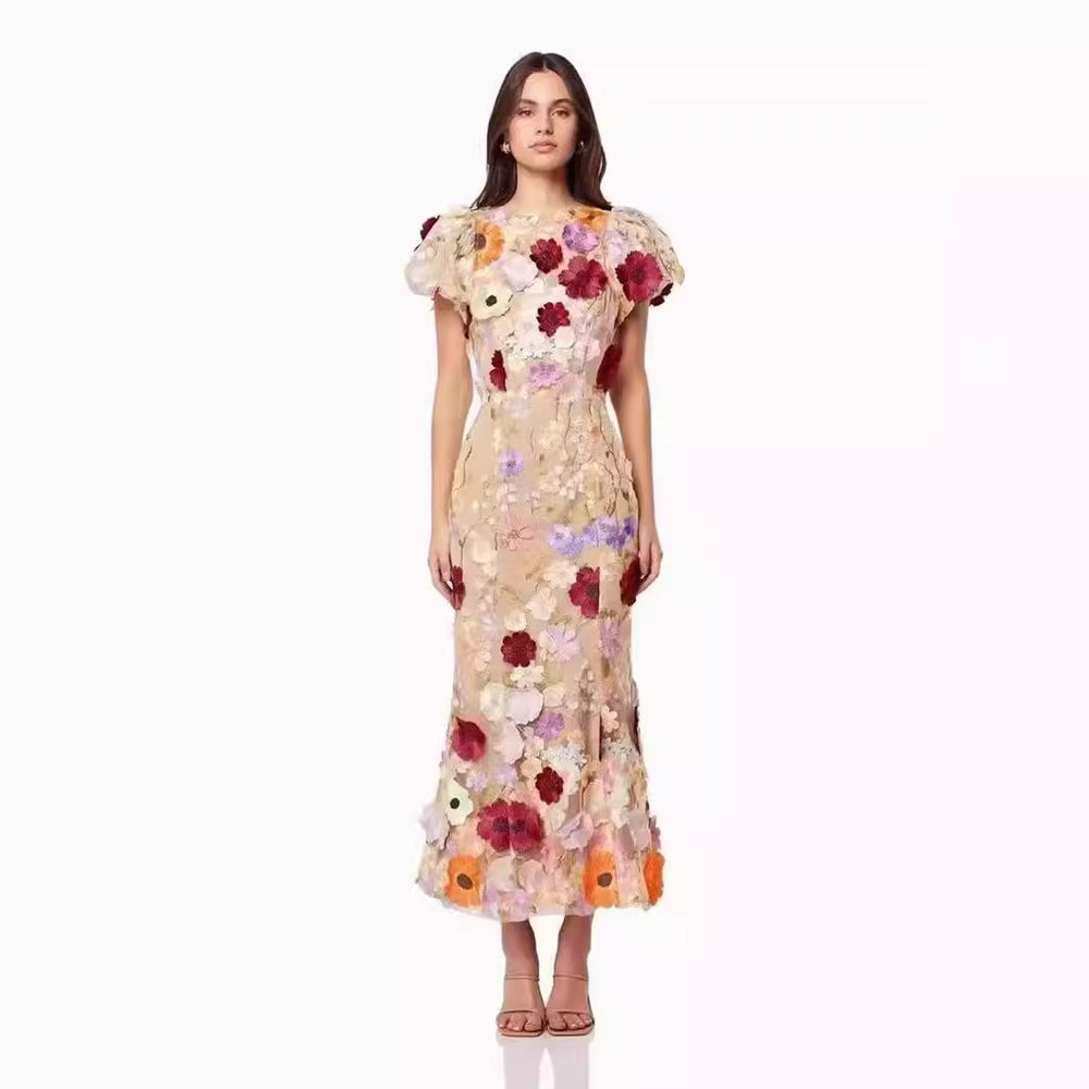 2025 spring new arrival: cross-border luxury round neck embroidered 3d floral puff sleeve midi bodycon dress