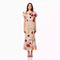 2025 spring new arrival: cross-border luxury round neck embroidered 3d floral puff sleeve midi bodycon dress