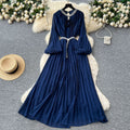 Frenchclassy heavy industry studded cut out round neck stereo flower lantern sleeves strappy waist pleated chiffon dress