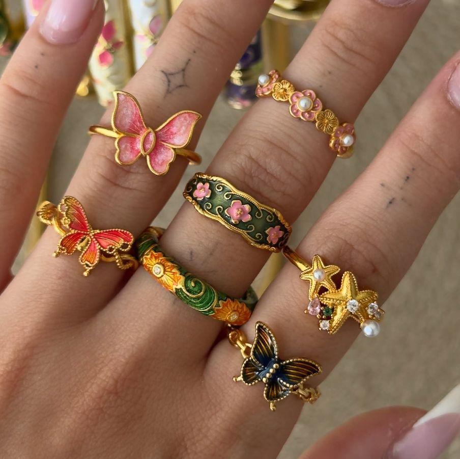 retro colorful ethnic style butterfly flower ring stylish drip oil niche style design ring jewelry wholesale