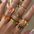 retro colorful ethnic style butterfly flower ring stylish drip oil niche style design ring jewelry wholesale