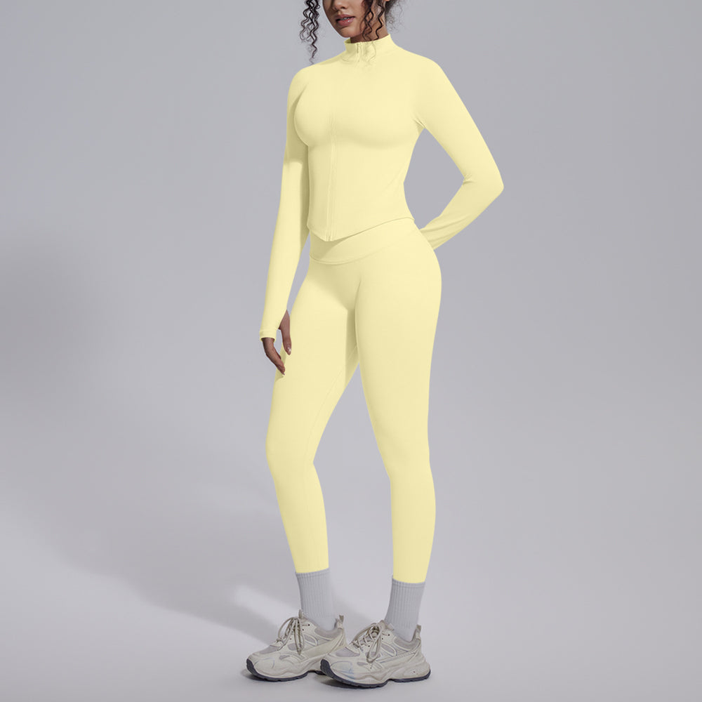 European and american seamless yoga set - slim fit zipper jacket & peach lift butt leggings - women's activewear workout outfit
