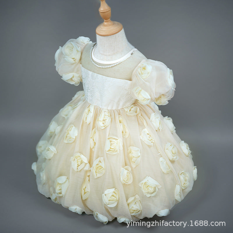 Kids' birthday cake dress - 3d floral bud, stylish little girl princess dress, girls' dress, new european and american cross-border style