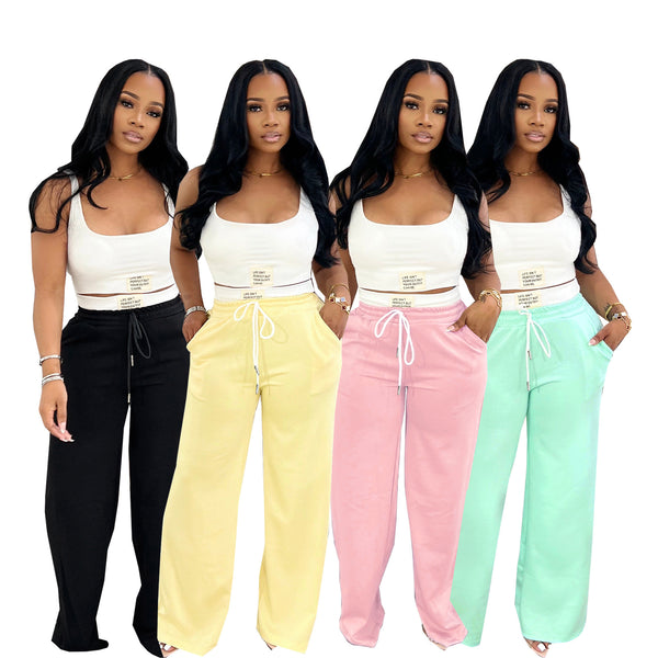 TW693  European and American fashion design label sports vest women's high-waisted drawstring wide-leg pants set
