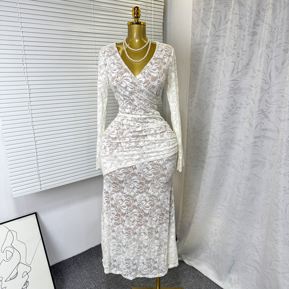 Autumn french chic sexy lace cutout v-neck long sleeve slimming fishtail maxi dress for women (export)