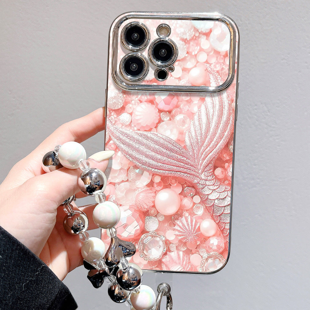 Suitable for iphone16 pink mermaid tail mobile phone case apple 17 girly heart anti-fall electroplated large window soft case