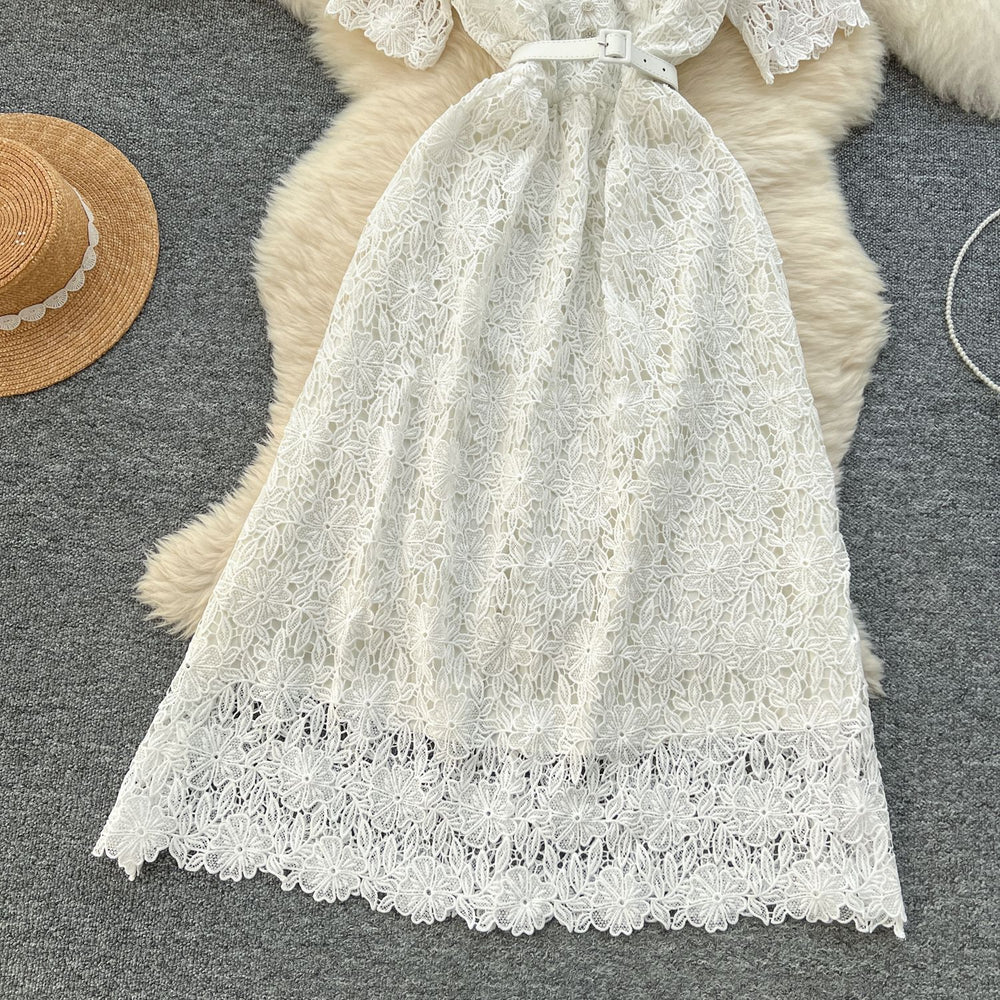 High-end hollow-out crochet lace dress for women,  summer collection: slimming, figure-flattering, peter pan collar, short sleeve, elegant maxi dress