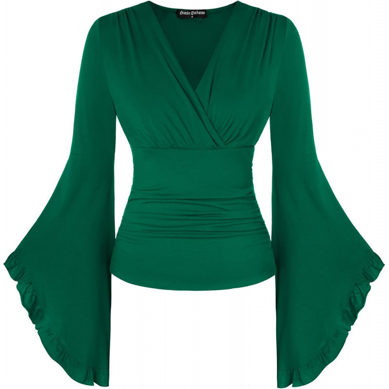 Amazon fashion pure desire v neck bell sleeve shirt  spring new style wrapped casual ruffle tops