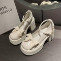 2025 spring new korean style bowknot low-cut pearl ankle strap chunky heel round toe mary jane leather shoes for women