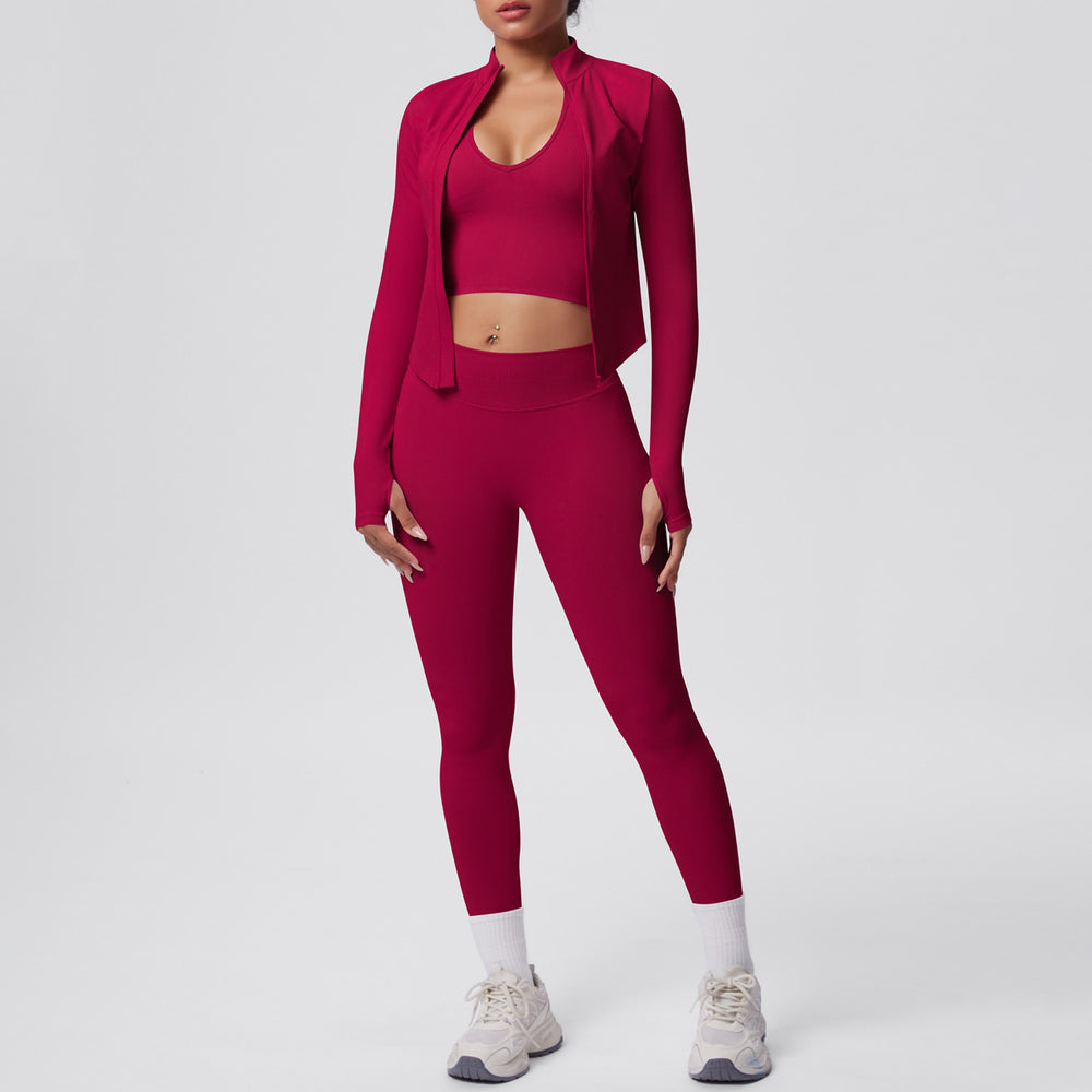 New solid color knitted compression seamless yoga set - quick-dry, breathable, outdoor casual running & fitness 3-piece set