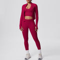 New solid color knitted compression seamless yoga set - quick-dry, breathable, outdoor casual running & fitness 3-piece set