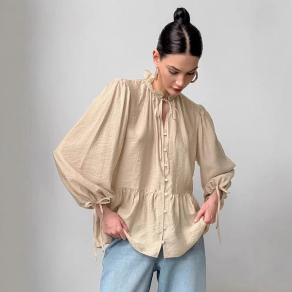 wrinkle lace-up shirt women's 2025 autumn and winter temperament loose ruffle edge stand-up collar long-sleeved top design sense