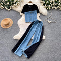 Hong kong style retropatchwork denim lazy two-piece set for women summerslimming lookhigh waistloose pantswork clothingelegantsuit