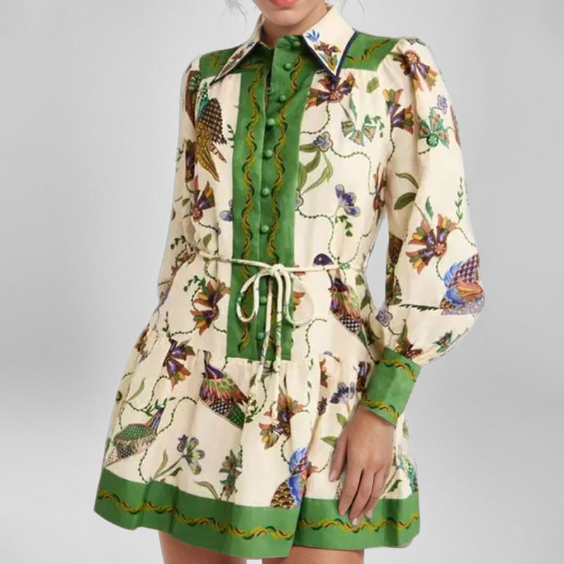 cross-border e-commerce european and american women's clothing: new summer collection - tie-waist printed turn-down collar long-sleeve pleated european and american style dress