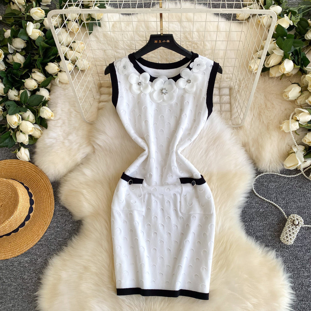 Xiaoxiangfeng stereo flower sleeveless knittingdress female summernew arrival silmslimming look a-line skirt classy sense
