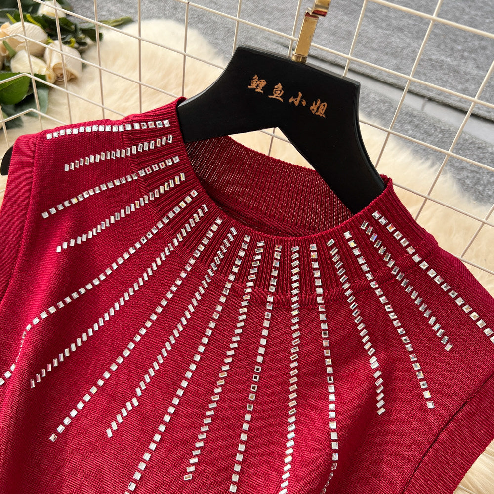 Frenchclassy sense of hot diamond round neck vest dress women's high waist waist fishtail skirt work clothingsense of design long skirt