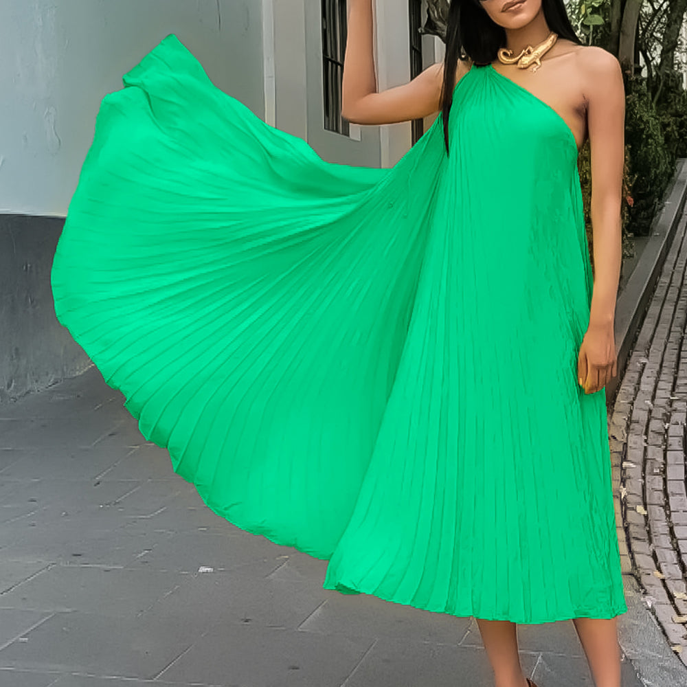 C8552  cross-border  elegant solid color ruched sleeveless asymmetrical neck maxi dress - export quality