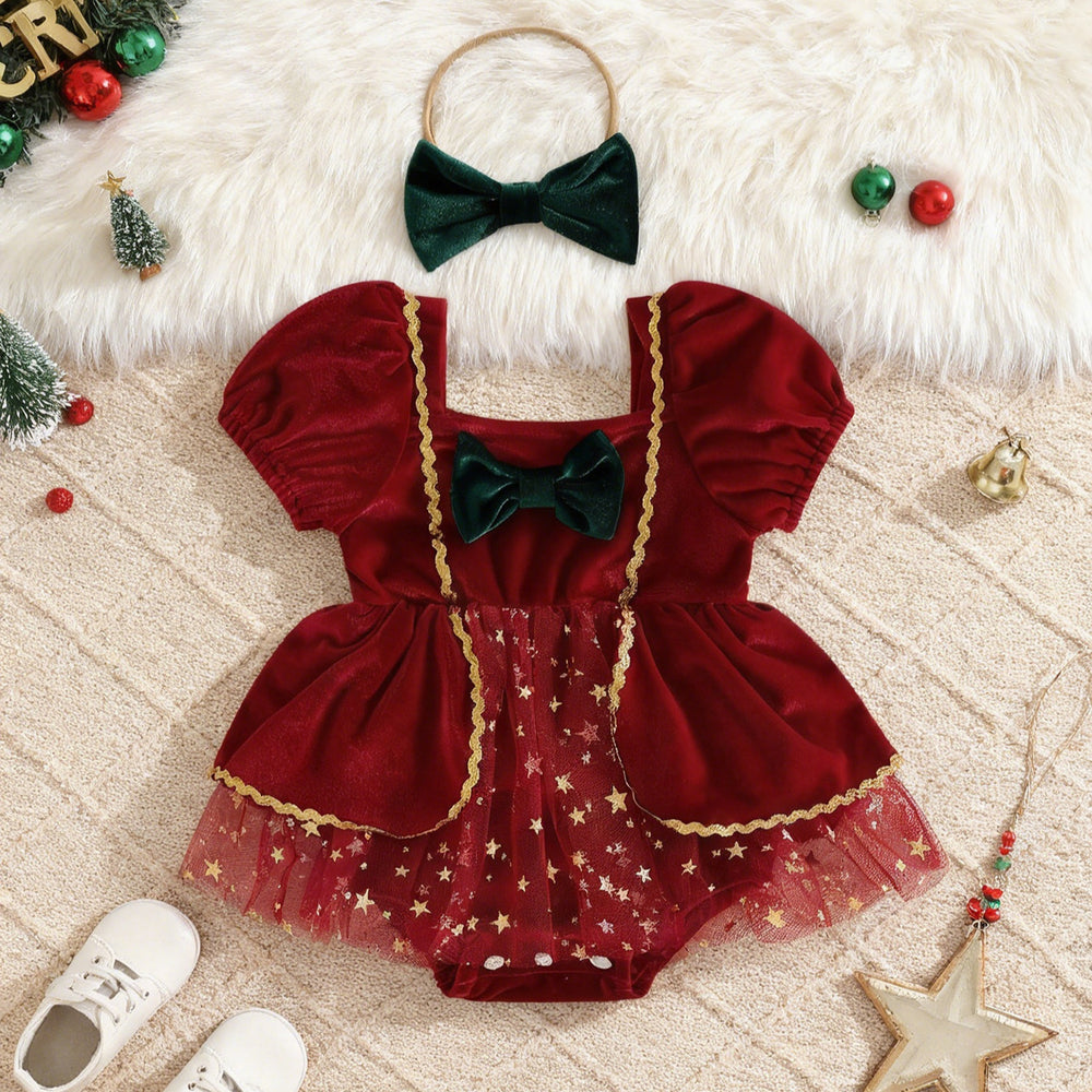 Baby girl christmas gold sequin velvet patchwork mesh romper dress