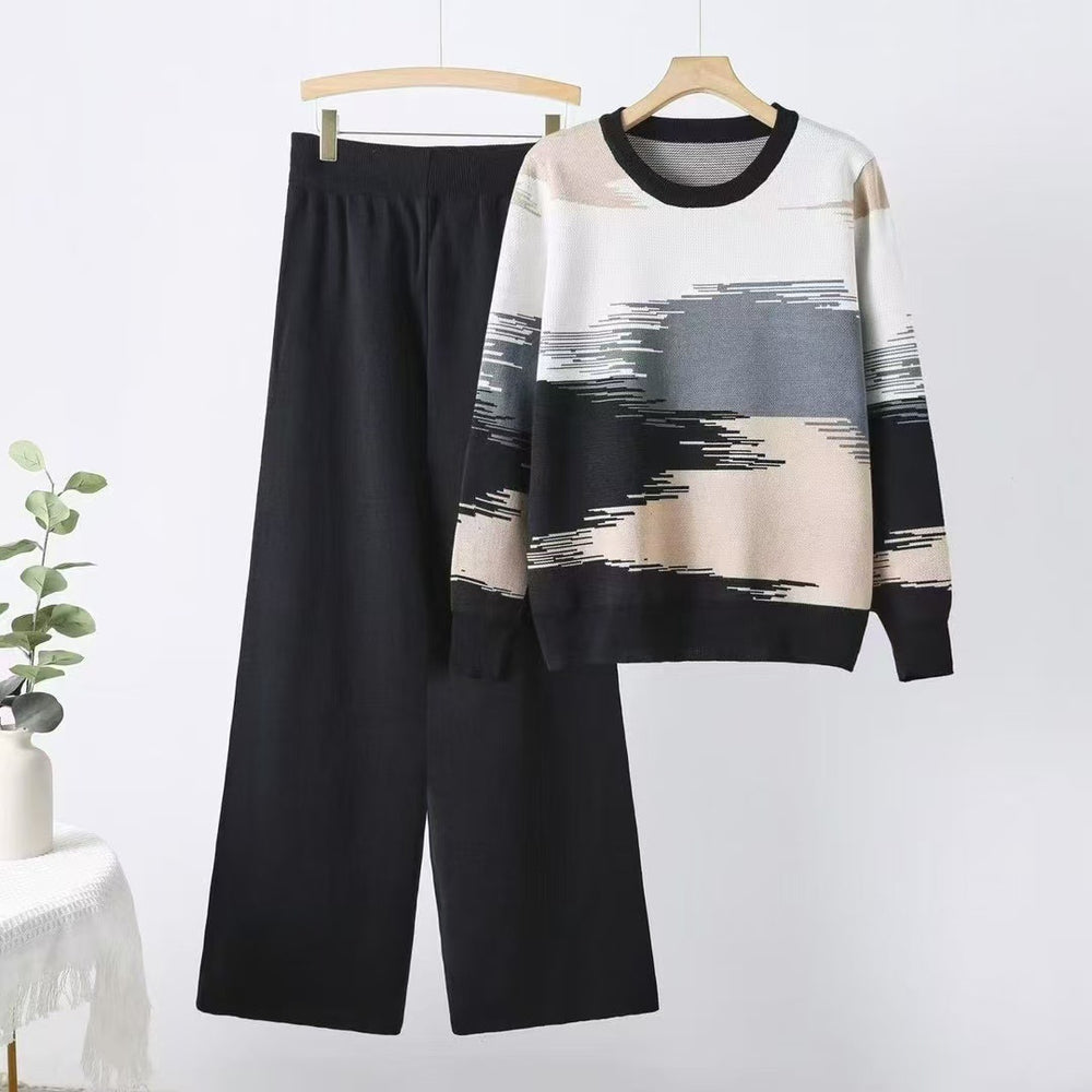 autumn new color block long sleeve crewneck casual top + loose wide leg knit pants set for women