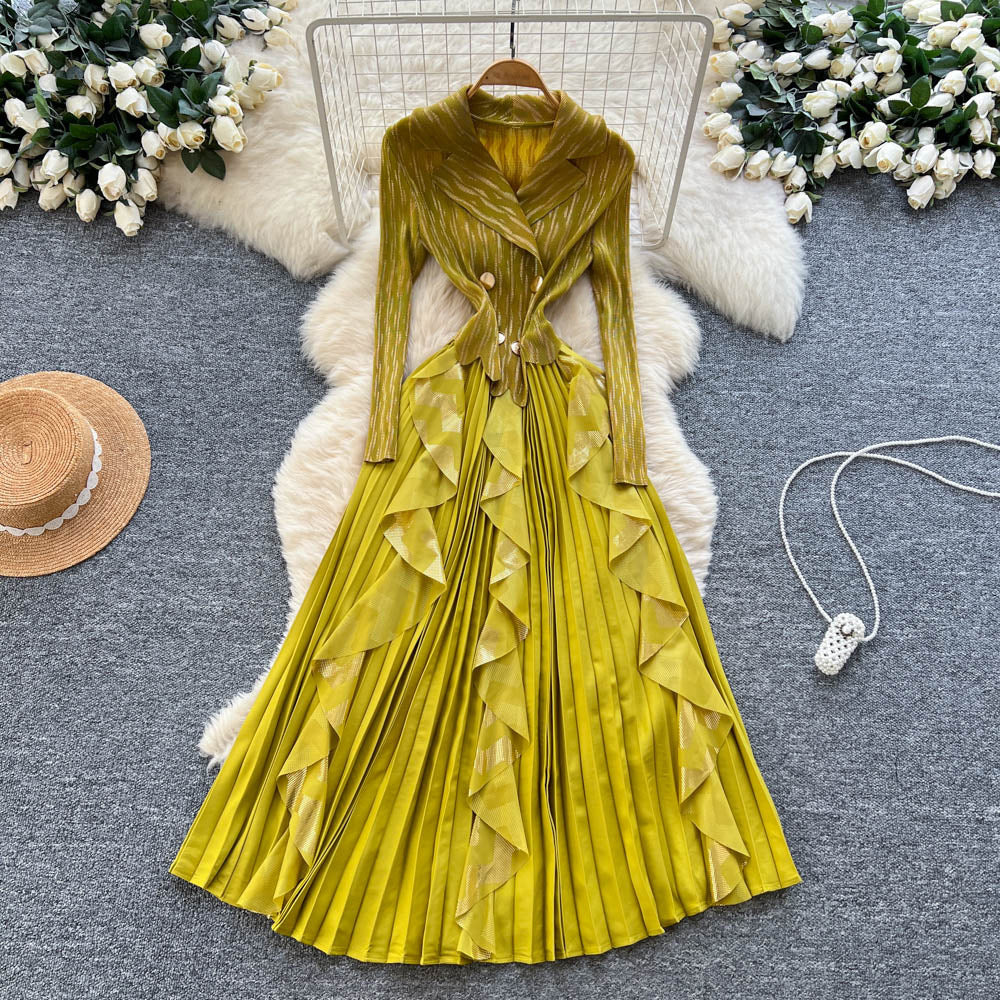 Miya european and american high-end western style suit collar long sleeves double-breasted waist patchworkruffles pleated longdress