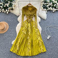 Miya european and american high-end western style suit collar long sleeves double-breasted waist patchworkruffles pleated longdress