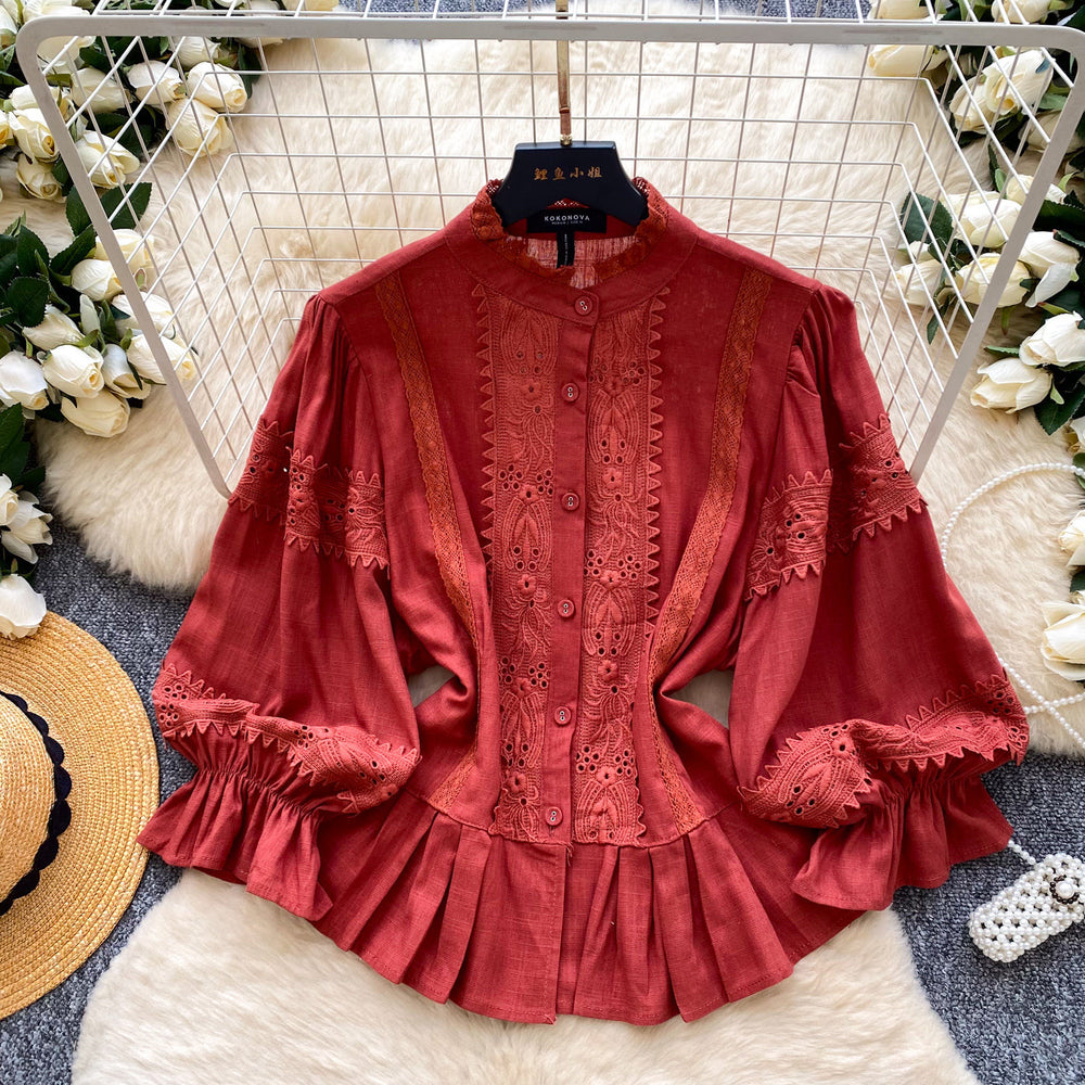 Retro palace style stand collar lace lace shirt women's spring style k-style lantern sleeve cardigan style waist tops