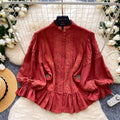 Retro palace style stand collar lace lace shirt women's spring style k-style lantern sleeve cardigan style waist tops