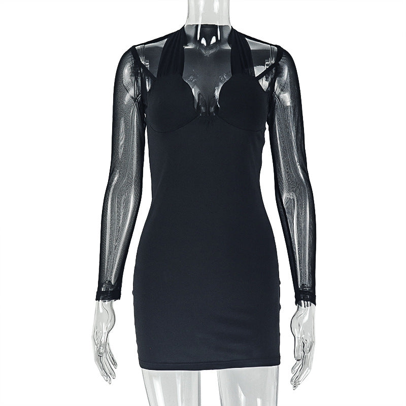 Fashion style cross-border pure color silm women's sexy patchwork socialite hip skirt chest wrap mesh long sleeves short dress