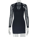 Fashion style cross-border pure color silm women's sexy patchwork socialite hip skirt chest wrap mesh long sleeves short dress