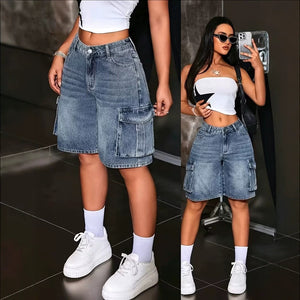 fashionworkwearjeans women's high waistloose washed multi-flap pocket pants pants summereasiest for matchstraight-leghalf length pants