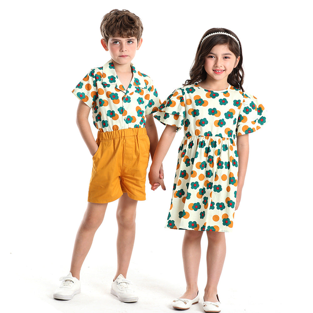 Korean style floral short-sleeve shirt set for kids - cotton casual outfit for boys and girls, matching family sets for siblings