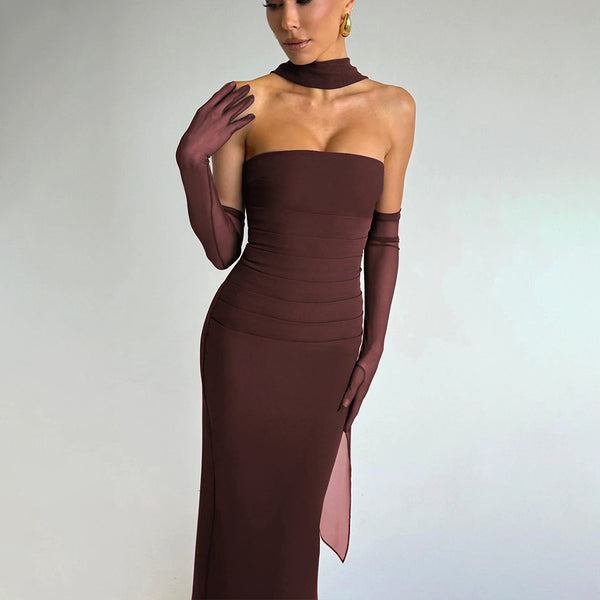 European and American  spring new tube top waist women's long dress, elegant streamer backless sexy hip dress