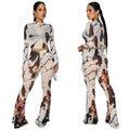 C7770 cross-border  new printed mesh see-through long-sleeved short top and slightly flared pants slimming look hot girl two-piece set