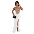 C6913 cross-border   fashion women's solid color mesh rhinestone sleeveless maxi dress