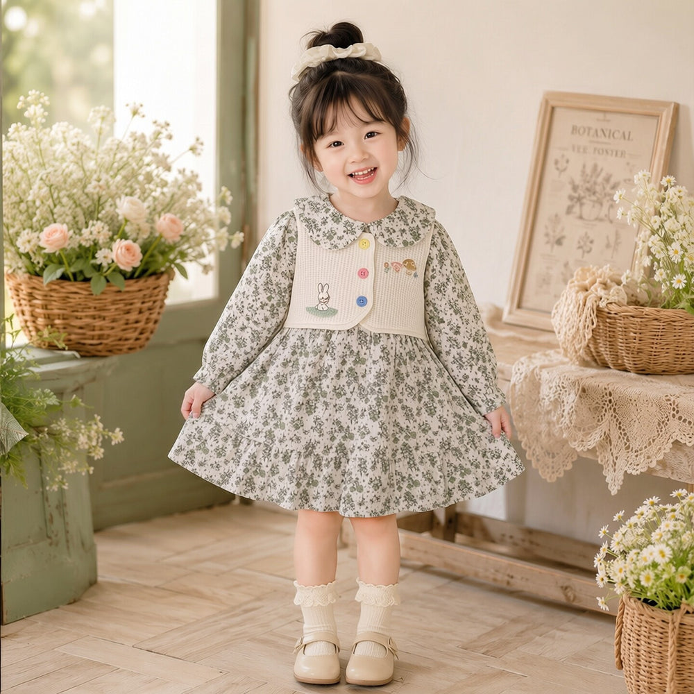Girls' spring/autumn long-sleeve princess dress - new children's fashionable floral fake two-piece skirt set - kids' clothing