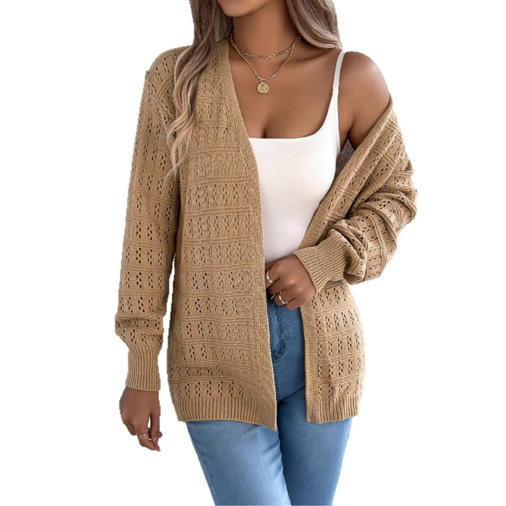 Europe, America, autumn and winter solid color hollow lantern long-sleeved cardigan sweater medium and long coat, independent station  women's clothing