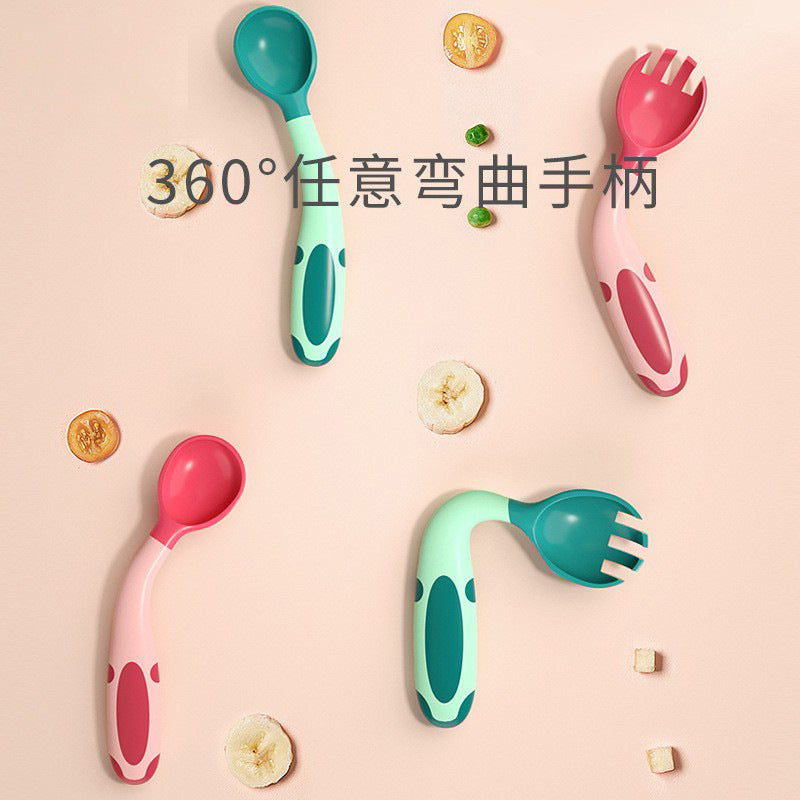 Baby learning spoon set - flexible, bendable, temperature-sensitive fork and spoon set for weaning and feeding - infant food tools - children's tableware