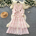 French romantic lantern sleeve printed dress - women's  autumn collection - slim fit a-line maxi dress - commute chic & elegant
