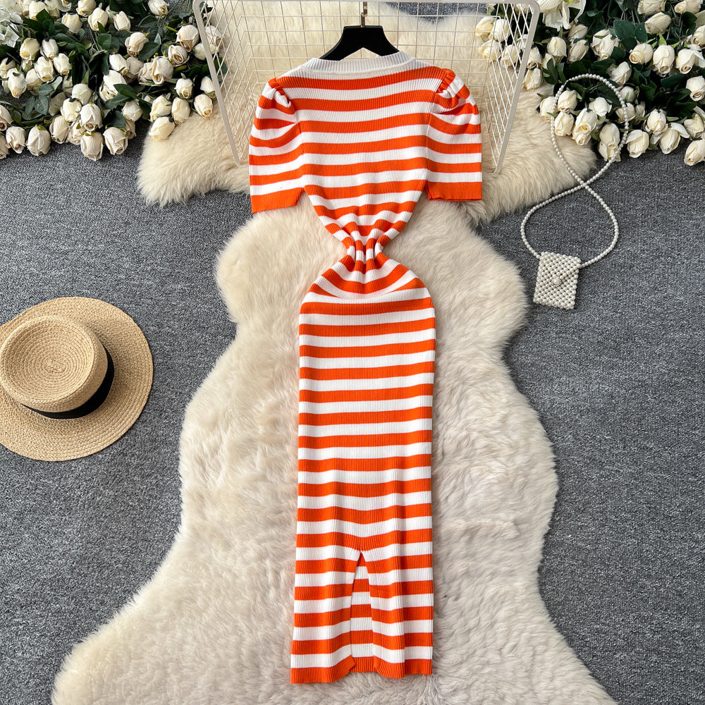 Korean chic goddess style high-end fashion color block striped v-neck puff sleeve cinched waist slimming knitted dress