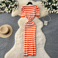 Korean chic goddess style high-end fashion color block striped v-neck puff sleeve cinched waist slimming knitted dress