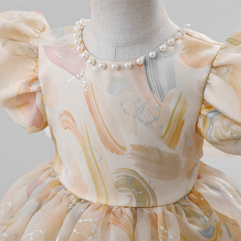 New arrival pearl collar girls dress colorful puff sleeves baby one year old dress bows girls princess dress