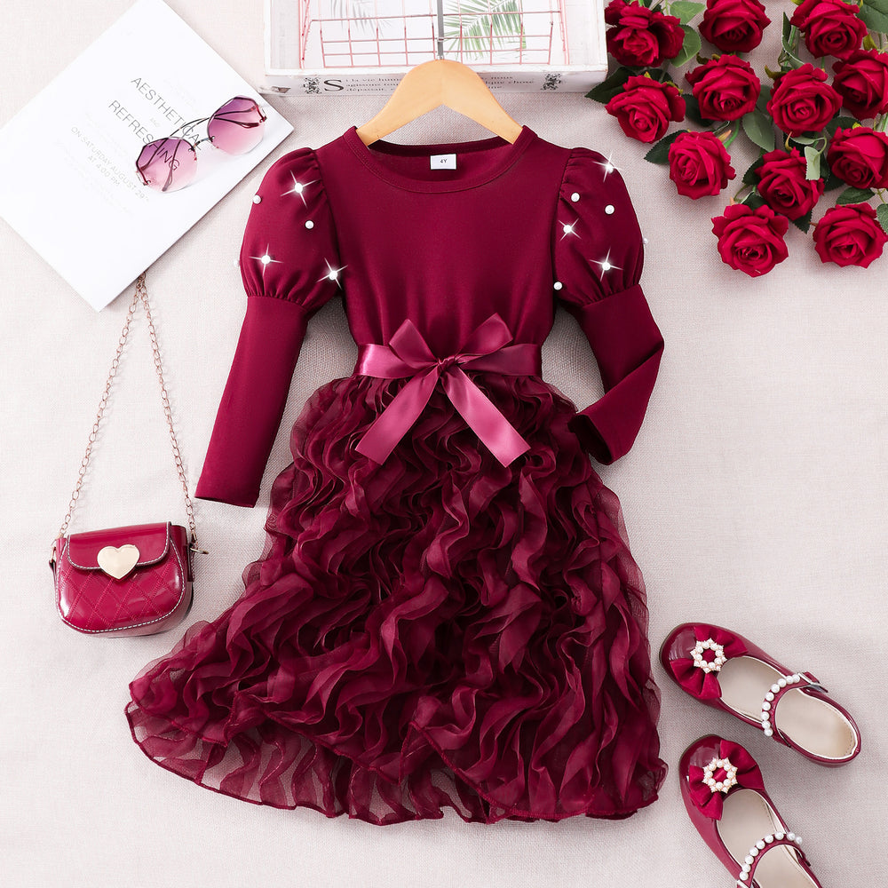 Girls' dress for toddlers and young children, pearl sleeve with 3d rose appliqué